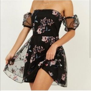 Black floral off the shoulder mini dress